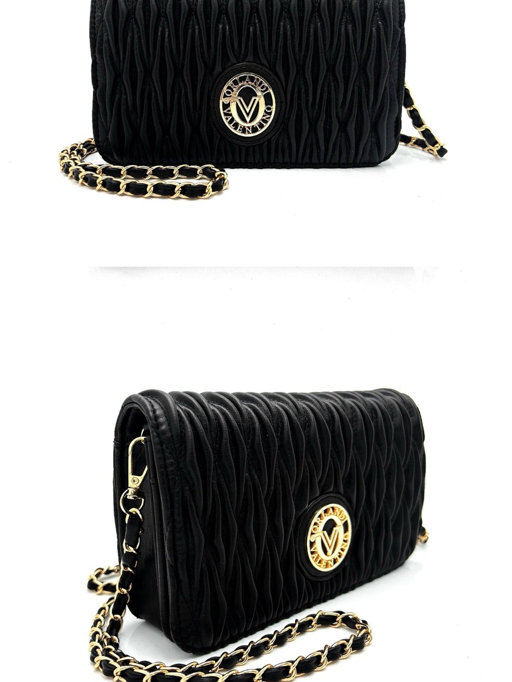Valentino Orlandi Black Quilted Crossbody with Gold Chain Detail